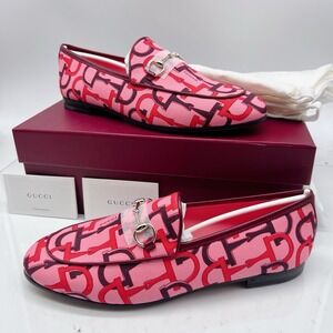 Gucci Jordaan Womens Horsebit Flat Loafer Pink Canvas LOGO EU 39.5 US 9.5 $998